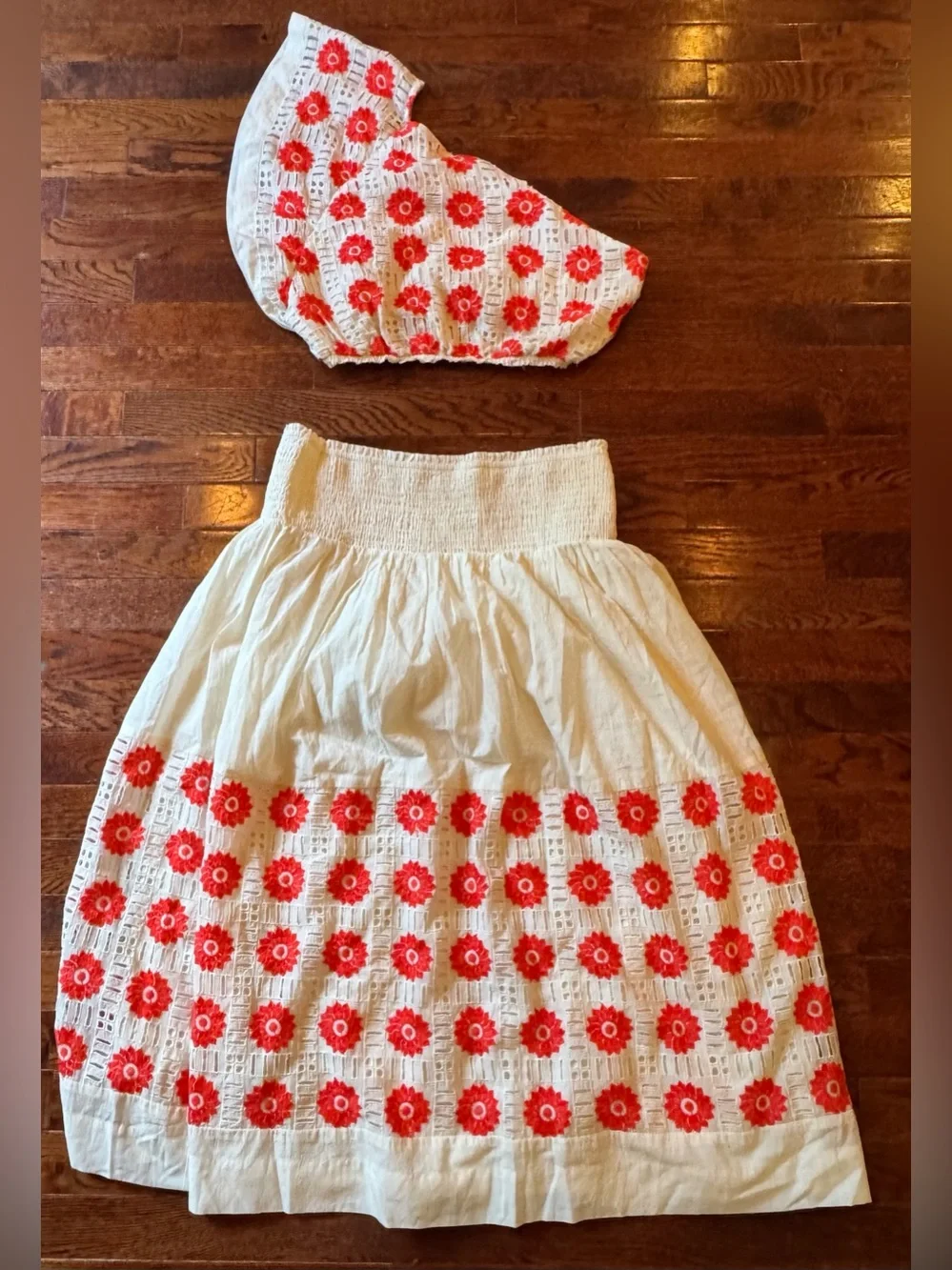 Anthropologie Skirt Set Boho Eyelet Orange Cream Floral Midi Skirt Crop Top MED
